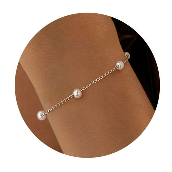GOSFRY Gold/Silver Plated Pearl Bracelets for Women Dainty Pearls Beaded Chain Tiny Elegant Daily Party Gathering Travel Graduation Ceremony Jewelry Gifts