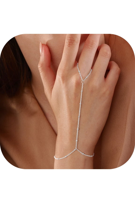 Hand Chain Bracelet for Women Dainty 14K Silver Plated Ring Chain Beaded Station Bracelet Trendy Simple Fashion Body Jewelry Waterproof Gifts for Her