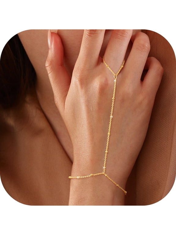 Hand Chain Bracelet for Women Dainty 14K Gold/Silver Plated Ring Chain Beaded Station Bracelet Trendy Simple Fashion Body Jewelry Waterproof Gifts for Her