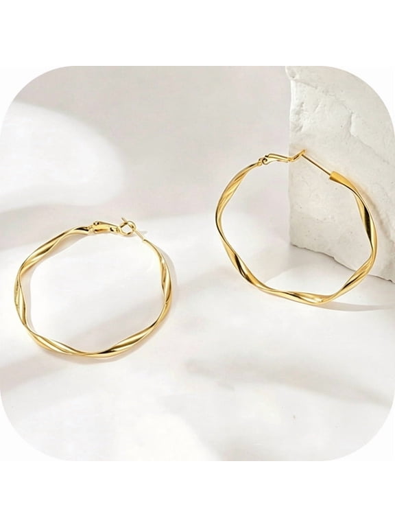 Hoop Earrings for Women 14K Gold Plated Twisted Huggie Hoops Earrings Post Lightweight Hypoallergenic Thick Hoops Earring Set Jewelry for Women