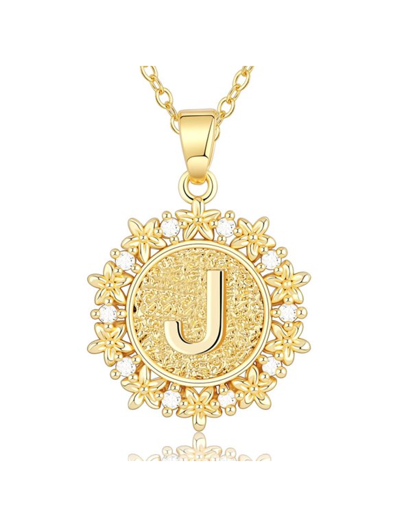 Initial Necklace for Women Classic 14K Gold Plated Lace Edge Round Tag Letter J Personalized Name Jewelry Gift