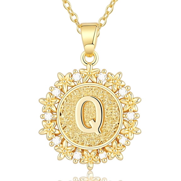 GOSFRY Initial Necklace for Women Detailed 14K Gold Plated Lace Edge Round Tag Letter Q Personalized Name Jewelry Gift