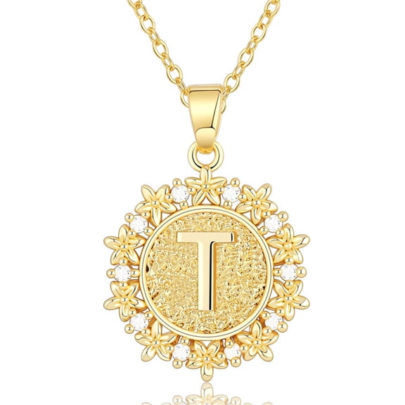 GOSFRY Initial Necklace for Women Feminine 14K Gold Plated Lace Edge Round Tag Letter T Personalized Name Jewelry Gift