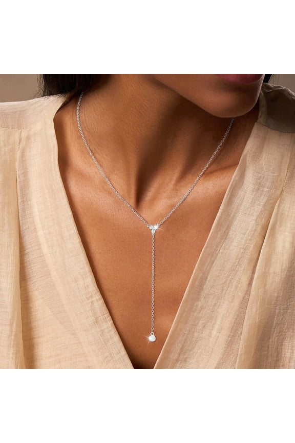 Lariat Necklace for Women Dainty Y Necklace 14k Plated CZ Round Drop Pendant Simple Handmade Bar Chain Jewelry Gift Wedding