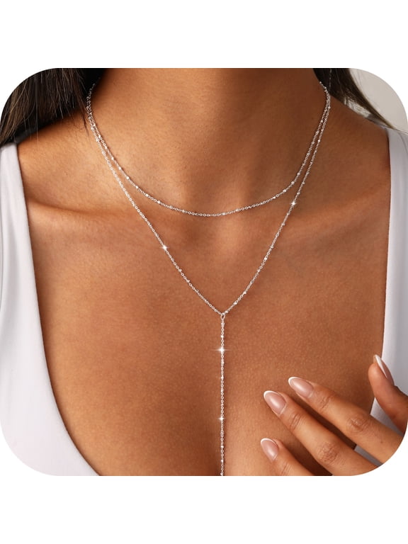 Lariat Necklace for Women, 14K Plated Silver Trendy Simple Dainty Beaded Chain Y Long Drop Necklaces Jewelry Gifts