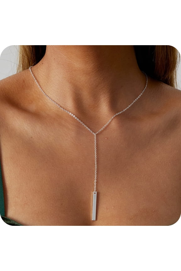 Lariat Necklace for Women, 14K Plated Silver Trendy Simple Dainty Beaded Chain Y Long Drop Necklaces Jewelry Gifts