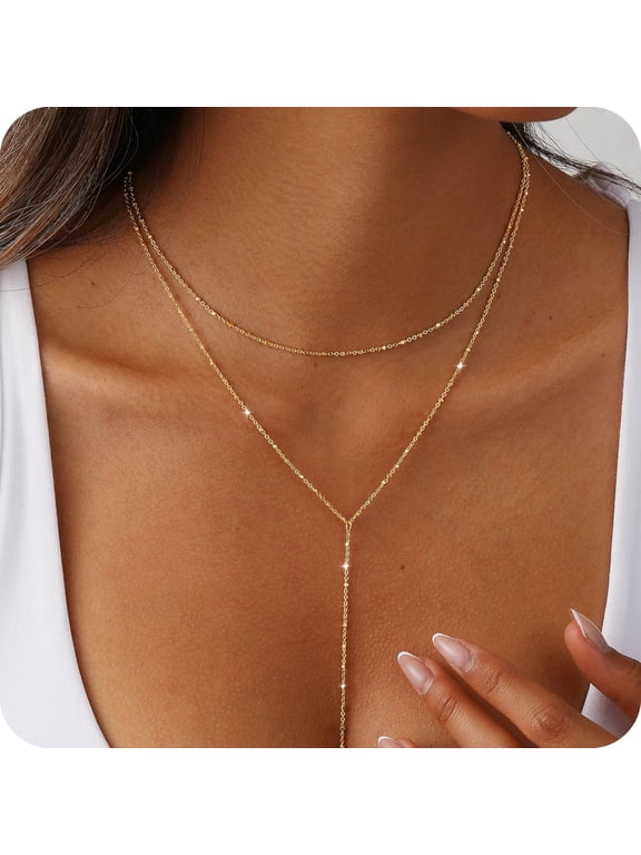 Lariat Necklace for Women, 14K Gold Plated/Silver Trendy Simple Dainty Beaded Chain Y Long Drop Necklaces Jewelry Gifts