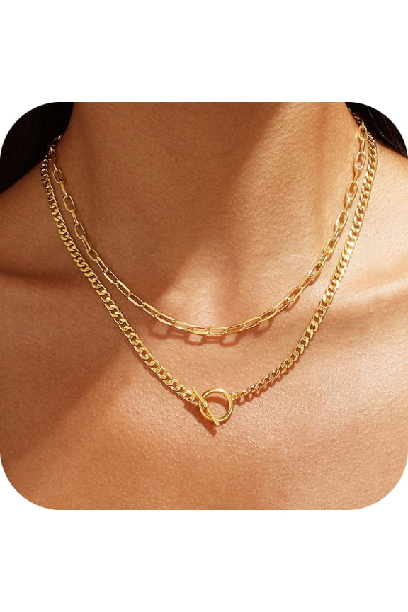 Layered Gold Plated Necklaces for Women 14K Gold Plated Layered Necklace Set Gold Layering OT Necklace Set Stacklable Chain Necklace Trendy Jewelry
