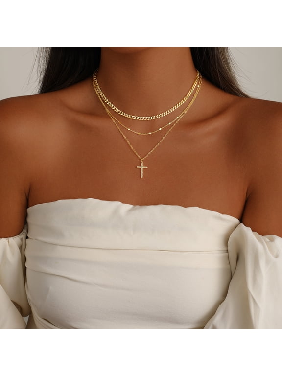 Layered Gold‑Plated Necklace for Women, Trendy Exquisite Stackable Choker Cross Pendant Jewelry Gift