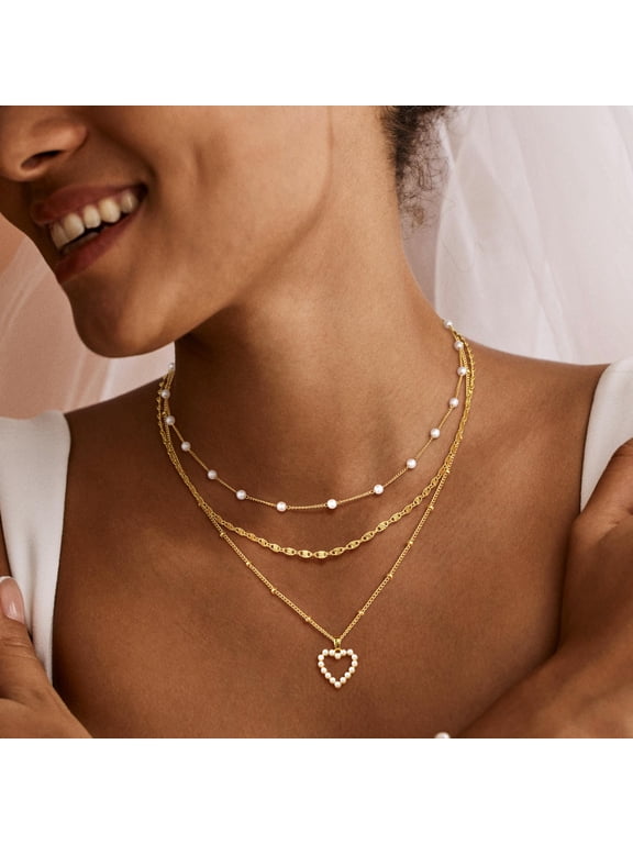 Layered Gold‑Plated Necklace for Women, Trendy Exquisite Stackable Choker Elegant Simulated Pearl Heart Pendant Jewelry Gift