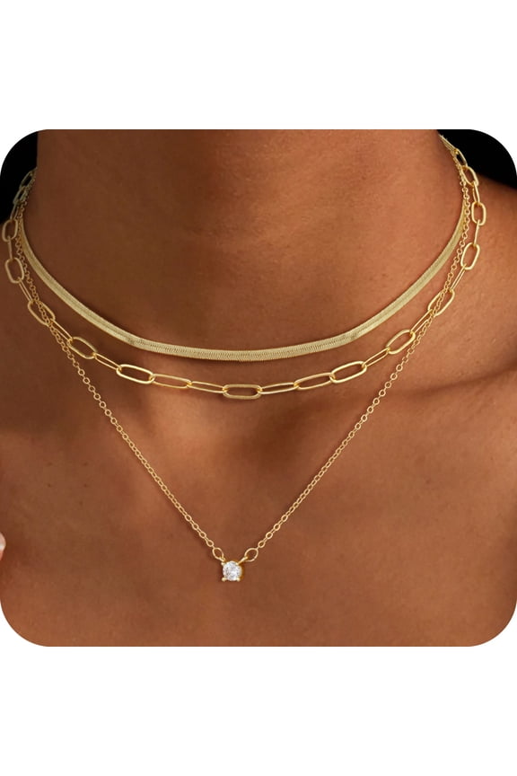 Layered Necklace for Women, Dainty 14K Gold Plated Snake Choker Necklaces Herringbone Paperclip Chain Pendant Simple Cubic Zirconia Necklace Jewelry Set