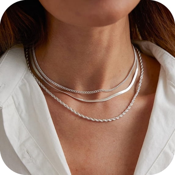 GOSFRY Layered Necklace for Women Dainty 14K Silver Plated Necklaces Trendy Herringbone Rope Chain Necklace Set Simple Stacked Choker Layering Jewelry Minimalist Gifts