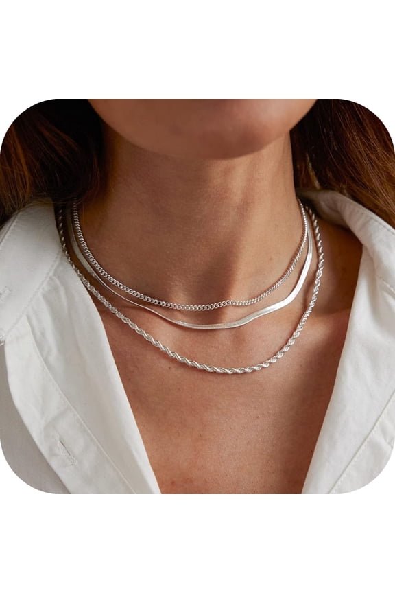 Layered Necklace for Women Dainty 14K Gold/Silver Plated Necklaces Trendy Herringbone Rope Chain Necklace Set Simple Stacked Choker Layering Jewelry Minimalist Gifts