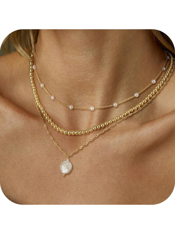 Layered Necklaces for Women Dainty 14K Gold‑Plated O‑Chain Bead Rope Flat Bead Simulated Pearl Jewelry Gift