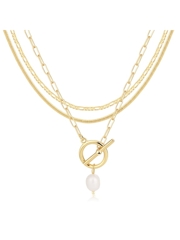 Layered Necklaces for Women Dainty Trendy 14K Gold‑Plated O‑Chain Bead Rope Flat Bead Simulated Pearl Jewelry Gift