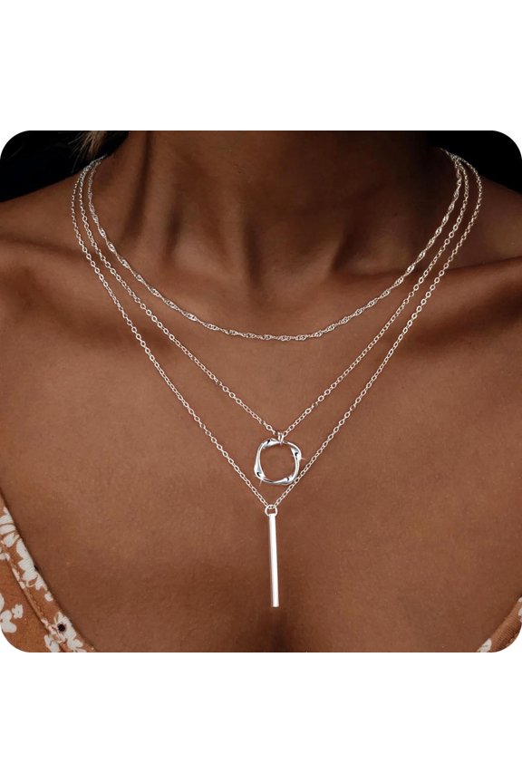 Layered Silver Plated Y Necklaces for Women Sterling Silver Plated Trendy Layering Circle Pendant Chain Y Necklace Set Jewelry