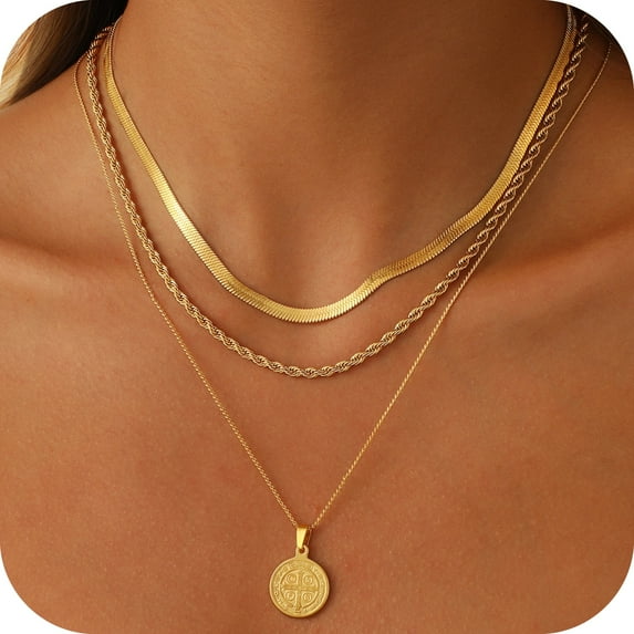 GOSFRY 3PCS Gold Plated Necklace for Women, 14k Gold Plated Stackable Dainty Layering Pendant Chain Choker Trendy Jewelry Set Gift