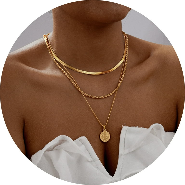 GOSFRY 3PCS Gold Plated Necklace for Women, 14k Gold Plated