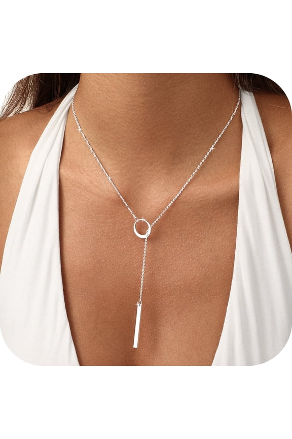 Long Necklaces for Women Trendy Dainty Layered Lariat Necklace 14k Gold/Silver Plated Y Shaped Beaded Chain Non Tarnish Drop Necklaces Simple Adjustable Jewelry Gifts