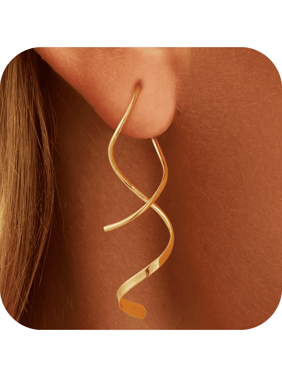 Spiral Threader Earrings for Woman 14K Gold Plated Smooth Drop Earring Hypoallergenic Jewelry Trendy Lightweight Accessories