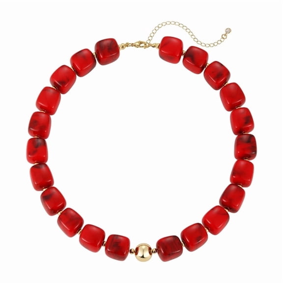 GOSFRY Red Beaded Choker Necklace for Women, Chunky Ball Accent Boho Statement Marbled Square Resin Collar Jewelry for Summer Vacation Gifts