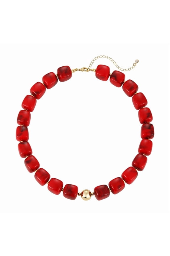 Red Beaded Choker Necklace for Women, Chunky Ball Accent Boho Statement Marbled Square Resin Collar Jewelry for Summer Vacation Gifts
