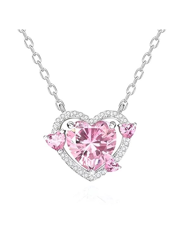 Silver Plated Necklace for Women Exquisit Elegant Pure Zircon Heart Pink Pendant Choker Wedding Love Festival Jewelry Gifts