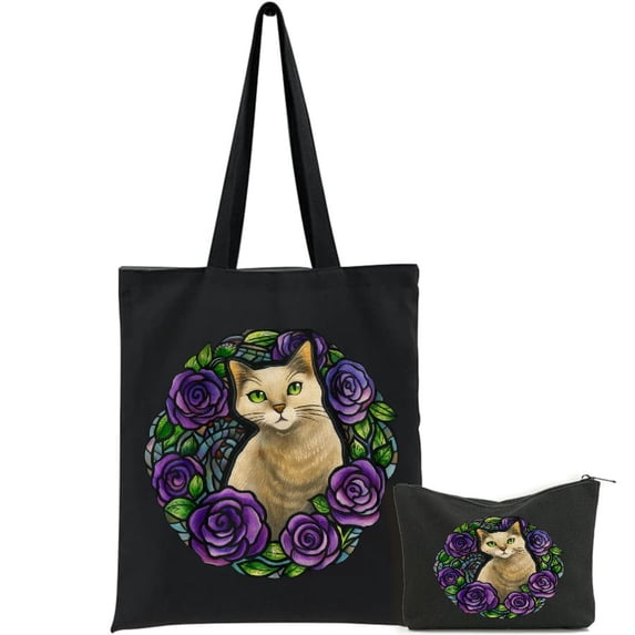 GOSMITH 2 Pcs Canvas Tote Bags Cute Aesthetic Tote Bags with Zipper Casual Large Capacity Shoulder Bag Purple Roses Person Art Black