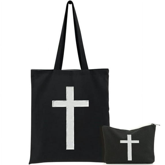 GOSMITH 2 Pcs Canvas Tote Bags Cute Aesthetic Tote Bags with Zipper for Women Christian Cross Jesus Christ Cross Christians Black