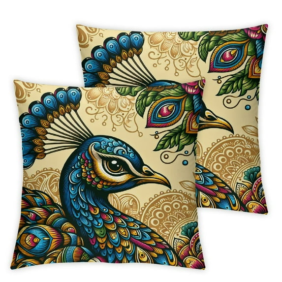 GOSMITH 2-Piece Short Plush Throw Pillow Cover Blue Green Peacock White