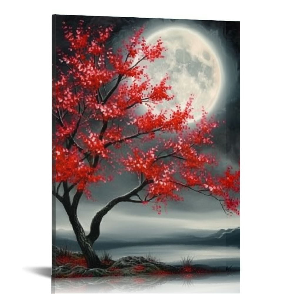 GOSMITH 3 Pieces Black and Red Canvas Wall Art Full Moon Red Flower Tree Painting Nature