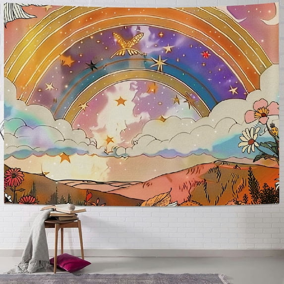 GOSMITH 70's Groovy Hippie Tapestry for Bathroom, Retro Rainbows Flowers Mushrooms Wall Tapestry, Boho Vintage Tapestry Wall Hanging for Bedroom Living Room Dorm Painting