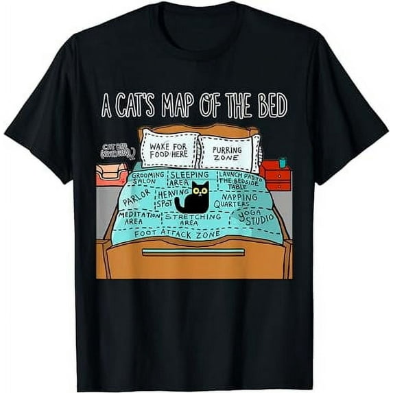 GOSMITH A Cat's Map of the Bed Shirt Funny Cat Lover Tee black