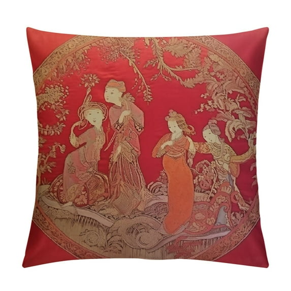 GOSMITH A Pair of Courtyard Scene Pillowcases, Red Oriental Chinese Style Decorative Manmade Cushion Cover Sofa Throw Pillow Case