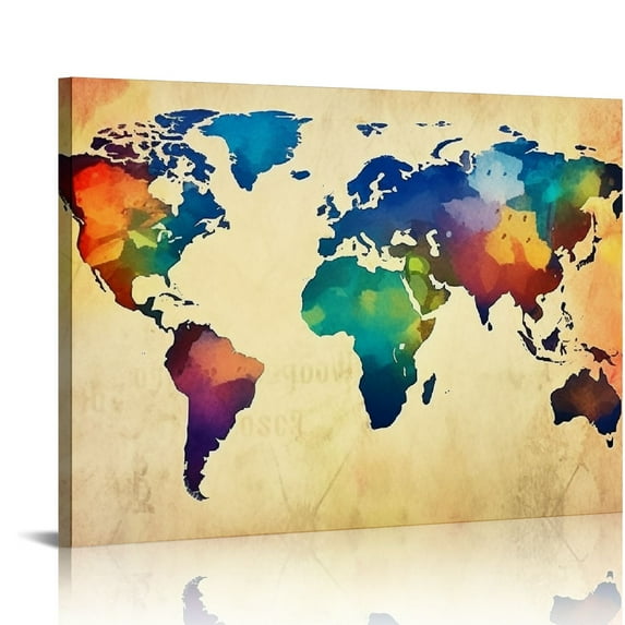 GOSMITH A62050 Abstract World Map Canvas Painting Vintage Posters and Prints Colorful Wall Art Wall Pictures Modern Artwork Framed Ready to Hang for Living Room Bedroom 20x16in