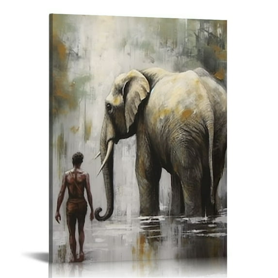 GOSMITH Africa Safari Elephant Painting Africa Tribal Ethnic Ancient African Woman Man with Elephant Canvas Wall Art Prints Ready to Hang Retro Gold Picture for Wall Decoration