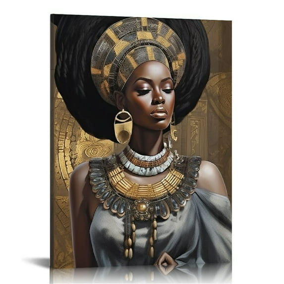 GOSMITH African American Wall Art, Canvas Painting Black And Golden Woman Portrait Abstract Gold Earrings Necklace Poster Artwork Modern Home Decorations Framed Ready To Hang For Living Room Bedroom