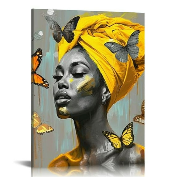 GOSMITH  African Canvas Wall Art Arican American Woman with Yellow Hair Colorful Butterfly Canvas Art Wall Decor Yellow Grey Decor for Living Room Bedroom Bathroom Home Decor Ready to Hanging