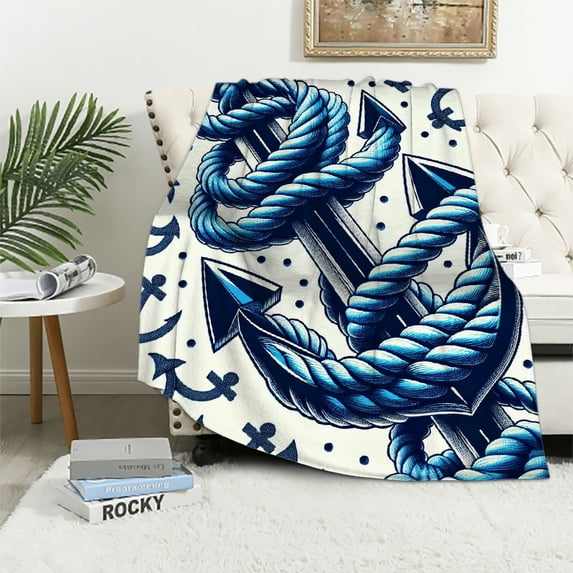 GOSMITH Anchor, Hand Drawn Anchors and Entangled Ropes Nautical Equipment Artwork Monochrome, Sea Blue White Flannel Blanket for Bed White