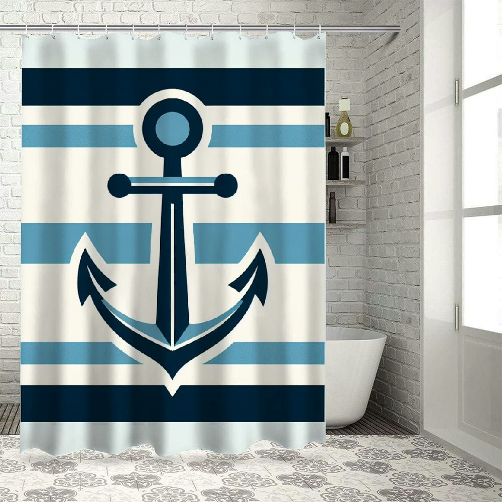 GOSMITH Anchor Nautical Ship Boat Blue and White Stripes Printed Shower ...