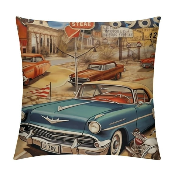 GOSMITH Antique Car Throw Pillow Cover, Old Classic Car Theme American Vintage Route 66 Diner Motorcycle Shabby Chic Home Decor Pillowcase for Sofa