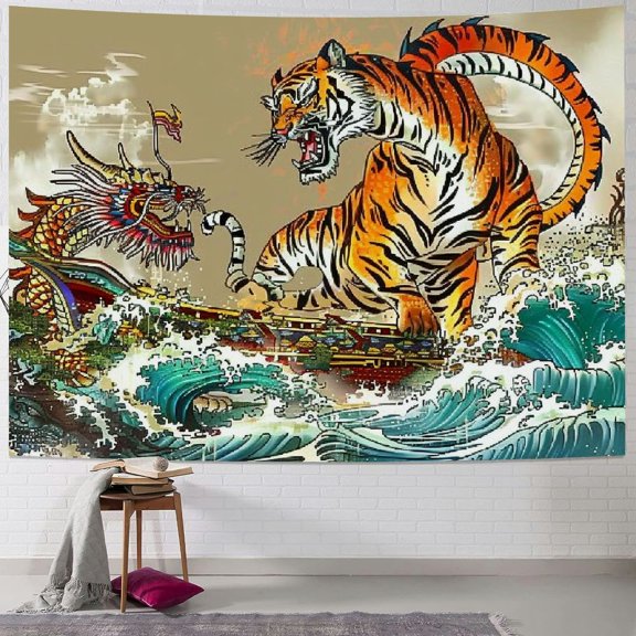 Leisuo Asian Tapestry, Chinese Dragon and Tiger in The Landscape with Waterfall Wall Tapestry, Wall Art Hanging for Bedroom Living Room Dorm Painting