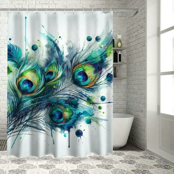 GOSMITH Bathroom Shower Curtain Peacock Feather Design White