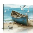 thumbnail image 1 of GOSMITH Bathroom Wall Art Coastal Décor Nautical Boat on Beach Canvas Picture Ocean Seagull Seascape Canvas Print Sea Bird Farmhouse Artwork for Seashore Bedroom Living Room Small Square Blue Teal, 1 of 4