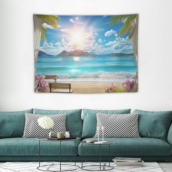 GOSMITH Beach Landscape Tapestry, Tropic Ocean Sea Island Palm Tree Seaside Tapestries for Living Room Summer Window Wall Hanging 40x30 Inch