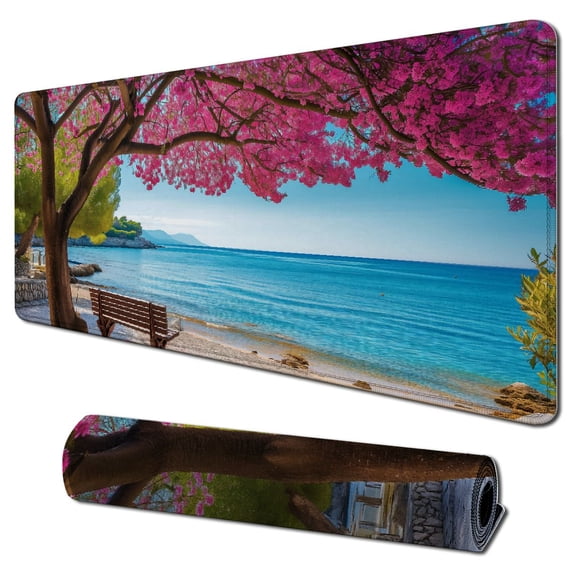 GOSMITH Beach and Benches with Trees by the Seaside Floral Style Pink and Blue Desk Mat 31.5x11.8 in