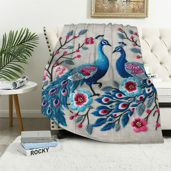 GOSMITH Beautiful Peacock Super Soft Flannel Blanket Throw Blanket White