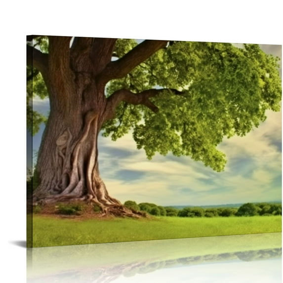 GOSMITH Beautiful Scenery Landscape Spring Meadow with Big Tree and Fresh Green Leaves Canvas Art Wall Art