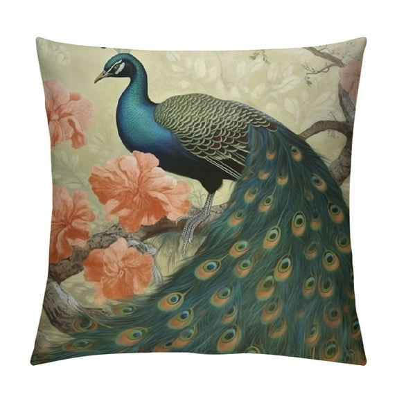 GOSMITH Beauty Flowers Peacock Flowers Birds Art Animal Green Throw Pillow Covers Sofa Pillowcase Car Square Throw Pillowcases Home Decoration