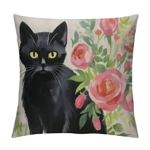 GOSMITH Black Cat and Watercolor Flower Farmhouse Pillow Cover Decorative Square Throw Pillow Cover for Sofa Couch Decoration
